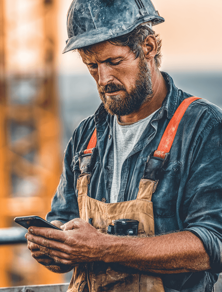 Construction worker using smartphone on site