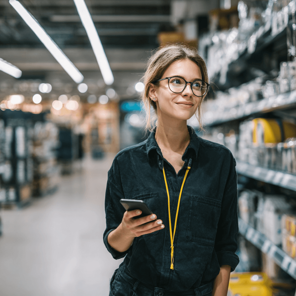 Retail store manager using smartphone for inventory